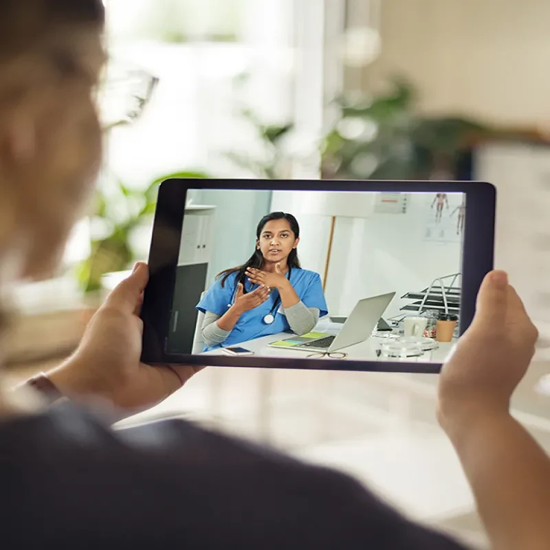 Icons showing data, care, and innovation representing digital healthcare expertise