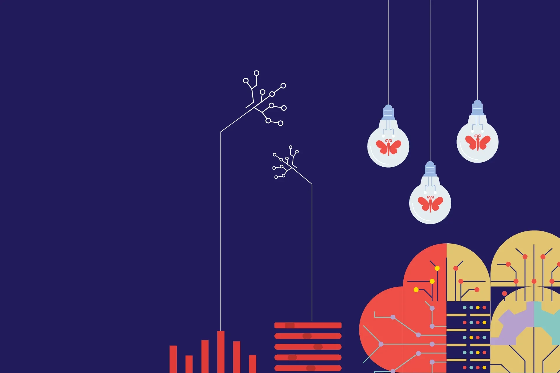 Illustration of light bulbs with butterflies overlaid on abstract data patterns