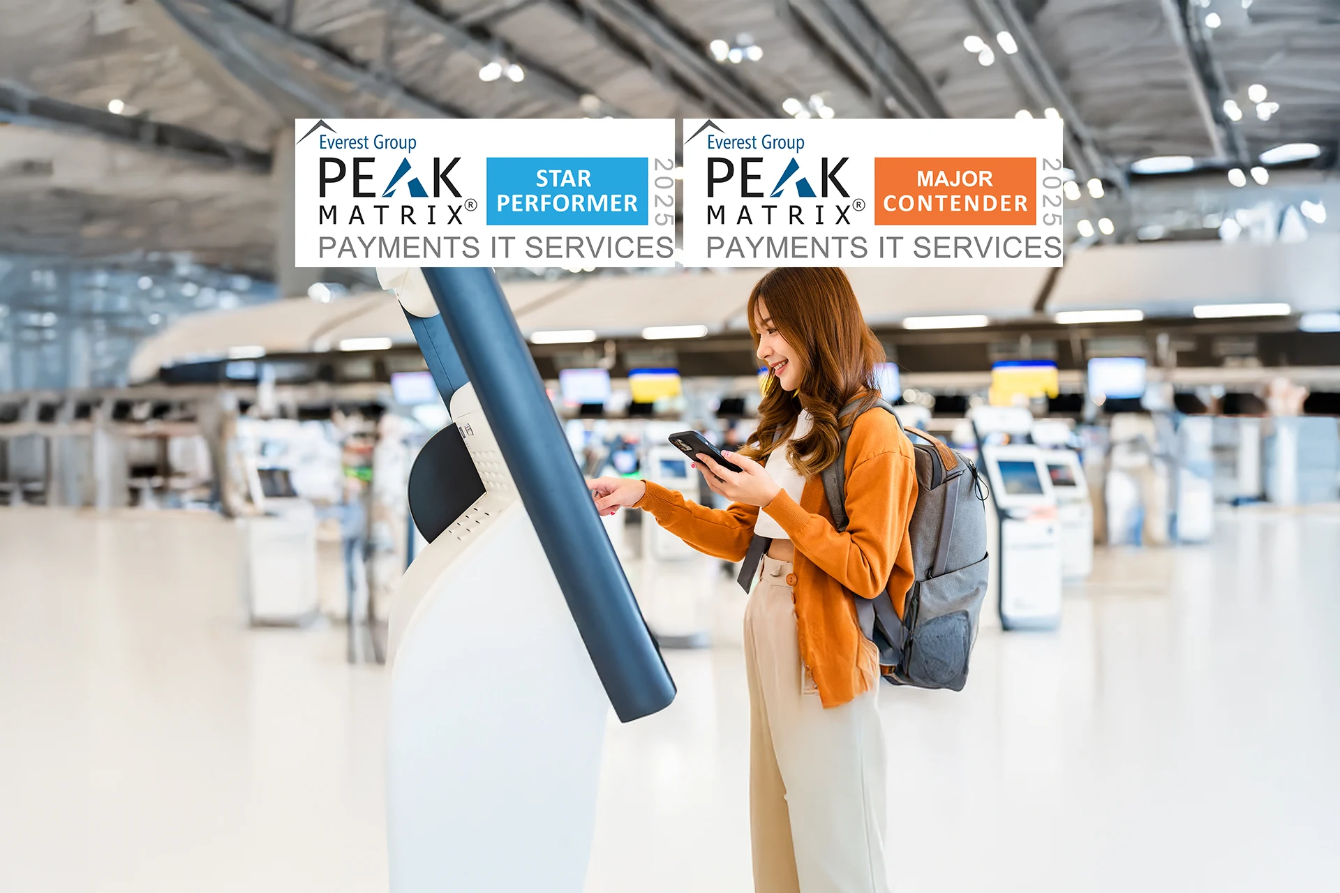 Individual using a digital kiosk with Everest Group's PEAK Matrix recognition