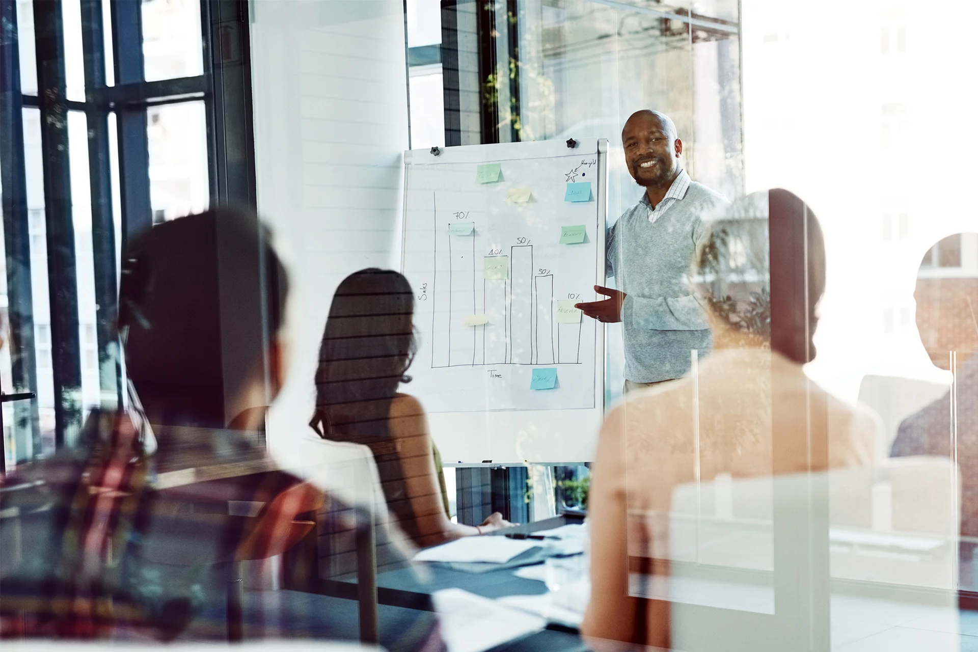Professional presenting a business growth chart in a meeting room