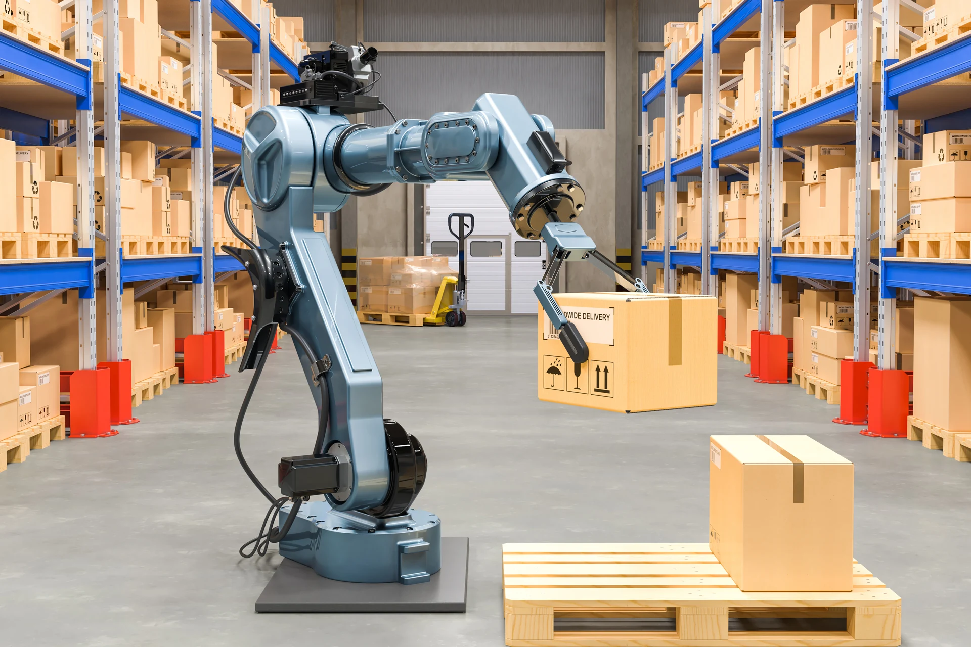 Robot arm moving a cardboard box in a warehouse setting