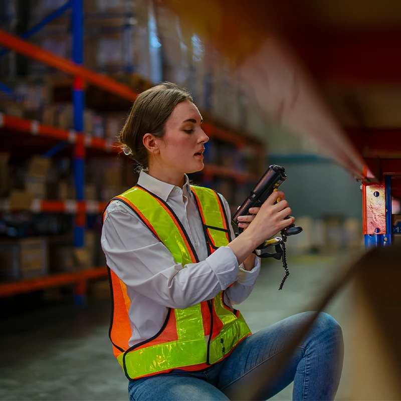 Warehouse employee using handheld scanner for warehouse management