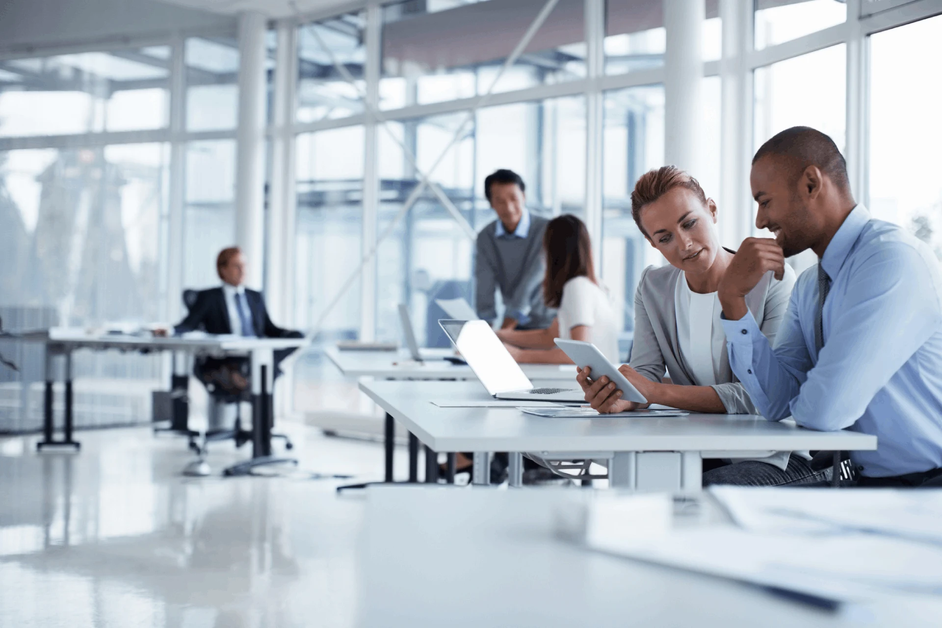 Professionals collaborating in an office setting on digital devices