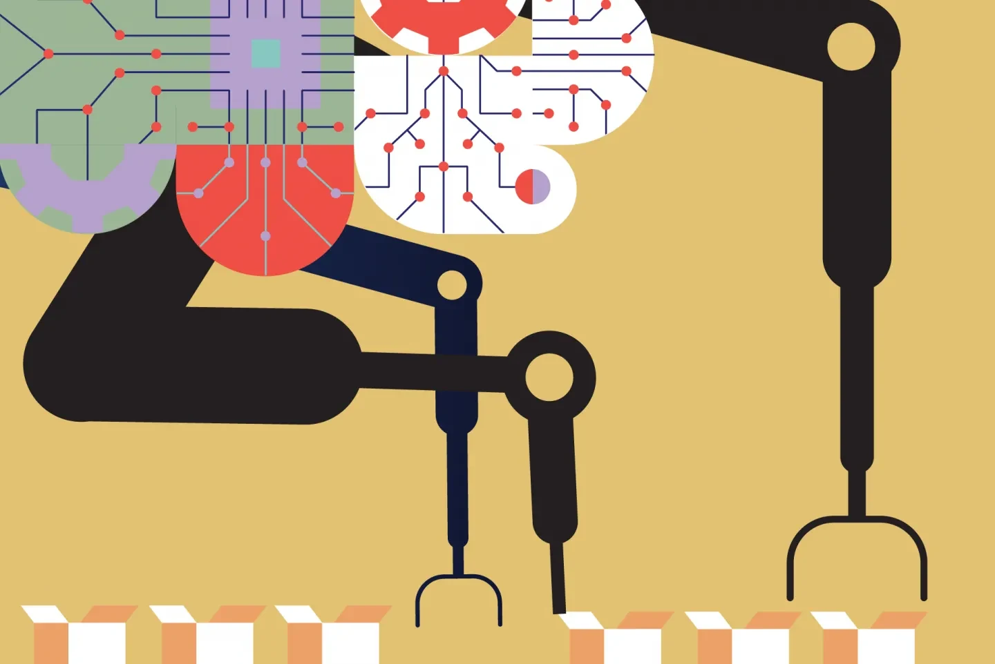Robotic arms with circuit designs representing AI-powered manufacturing