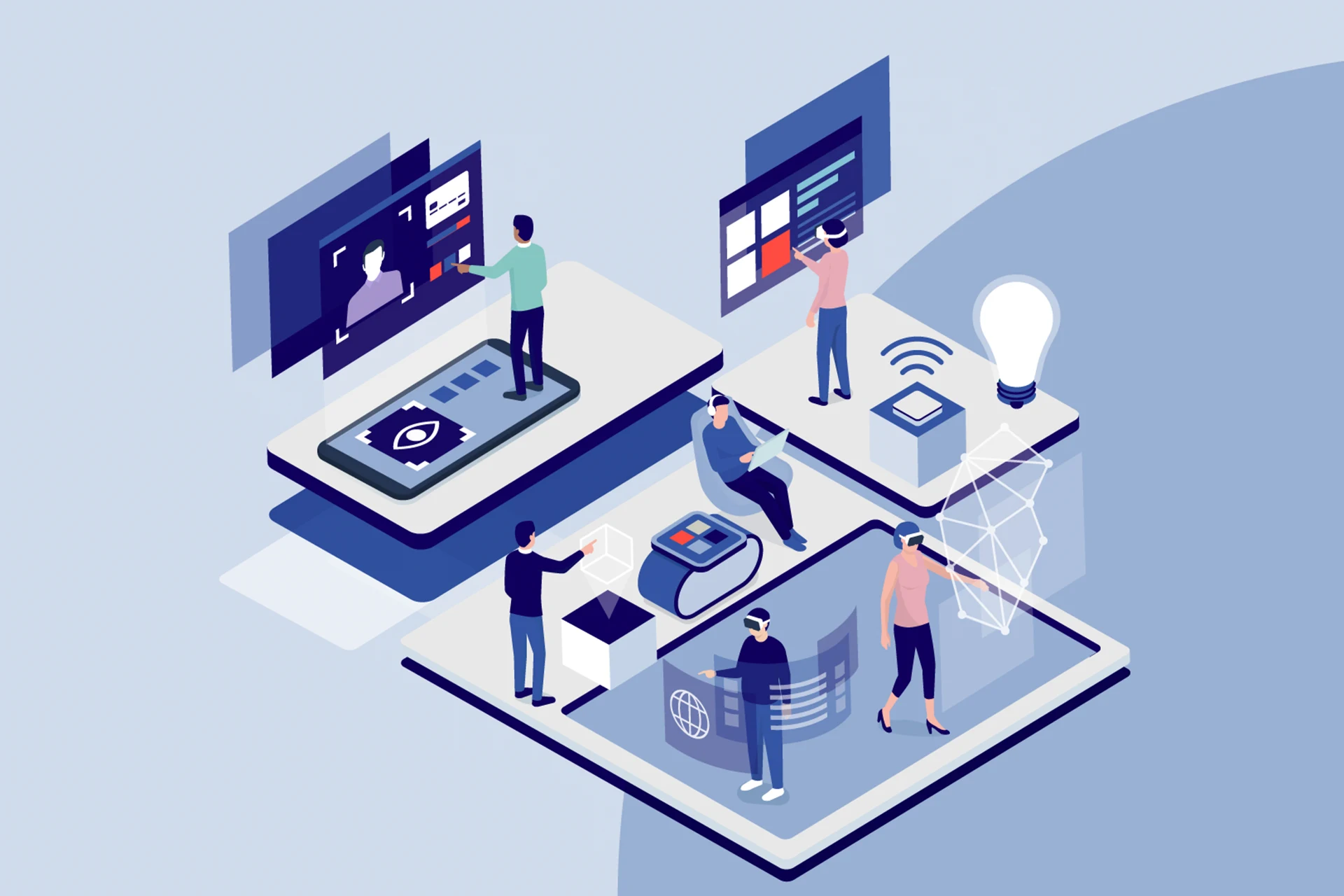 Illustration of immersive banking with users interacting via technology.