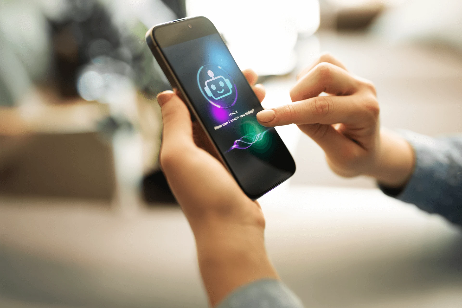 Person interacting with AI chatbot on smartphone for telecom solutions