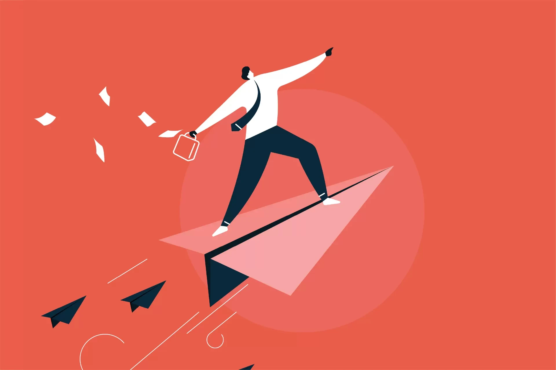 Person on a paper airplane symbolizing brand growth