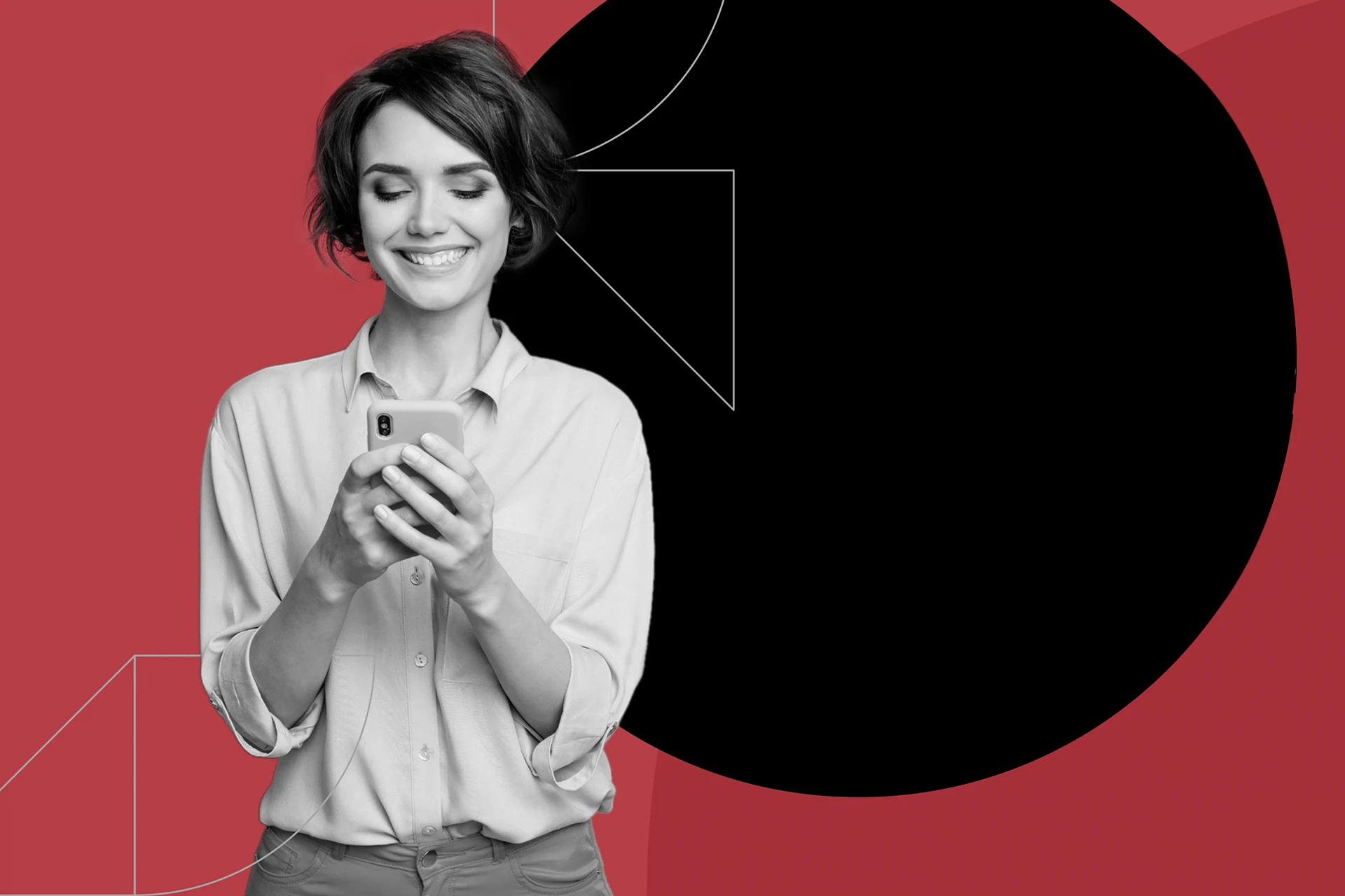 Person holding a smartphone, set against a red and black background.