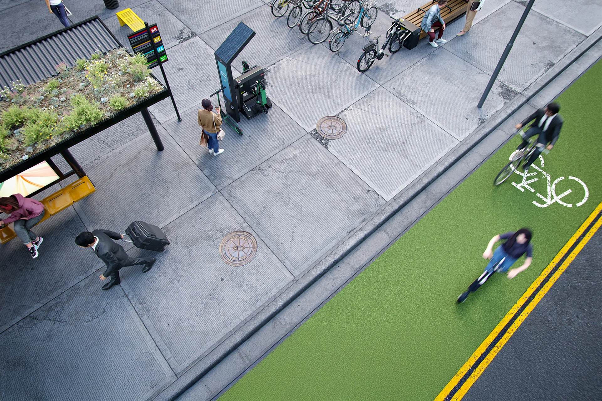 Public sector services infrastructure promoting green mobility with bikes and bus stop