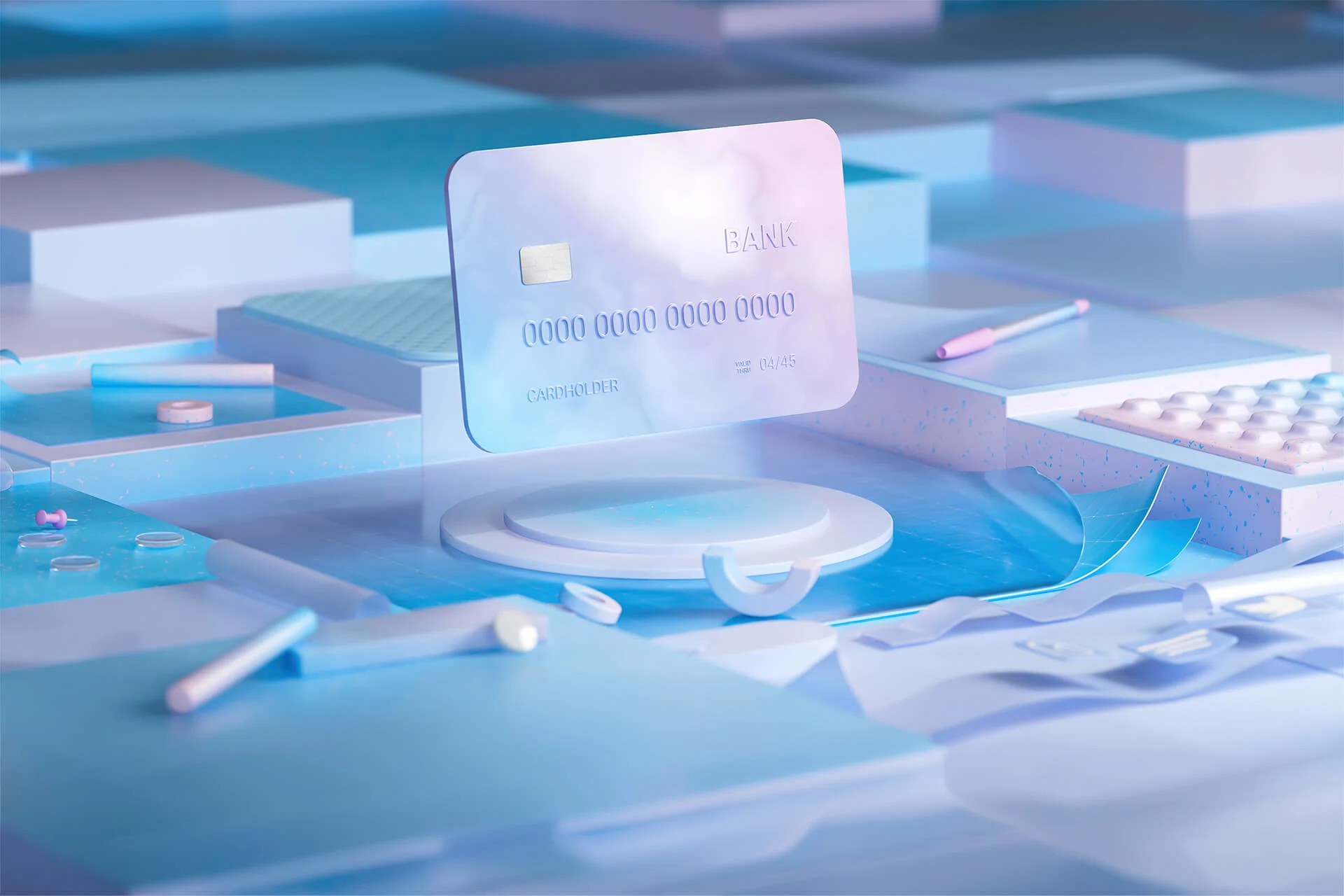 Physical credit card displayed amidst various paper and pen items