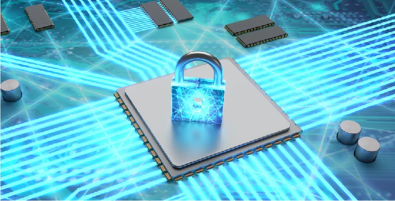 Digital lock icon on electronic circuit chip background for Digital XDR service