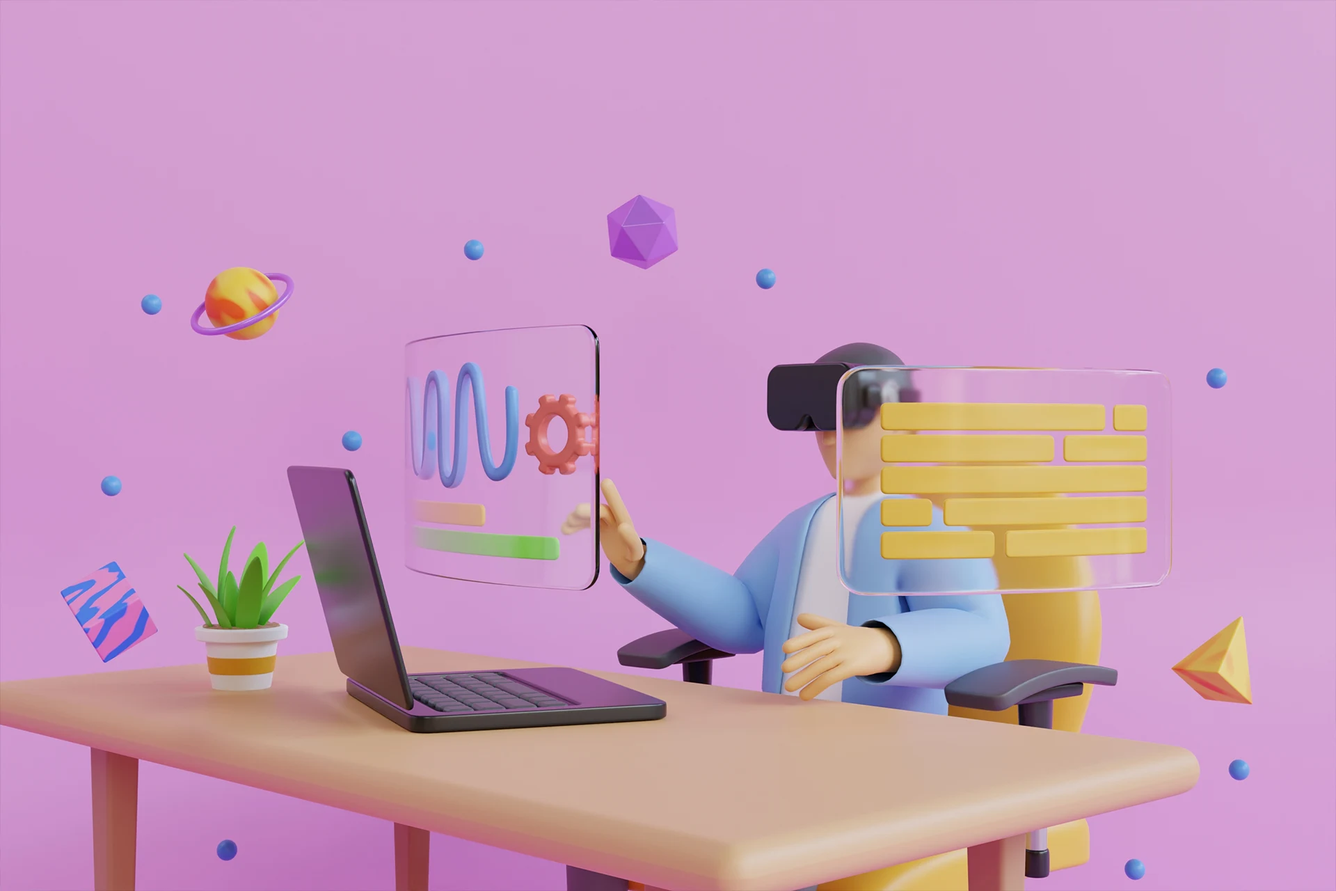 User interacting with virtual interfaces while using a laptop in the metaverse
