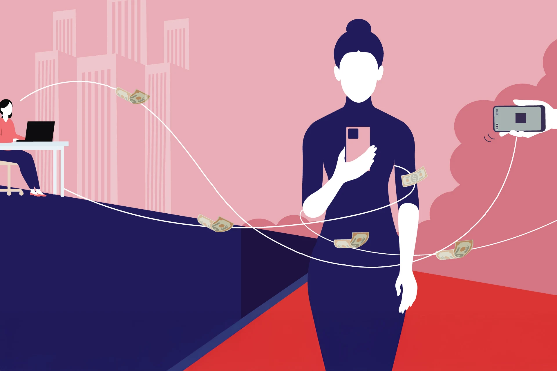Woman using a smartphone with digital payment and commerce technology