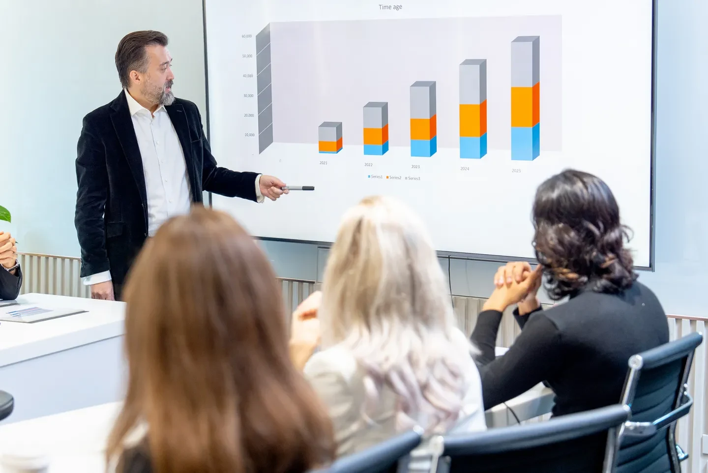 Presenter discussing a bar graph with a team in a conference room