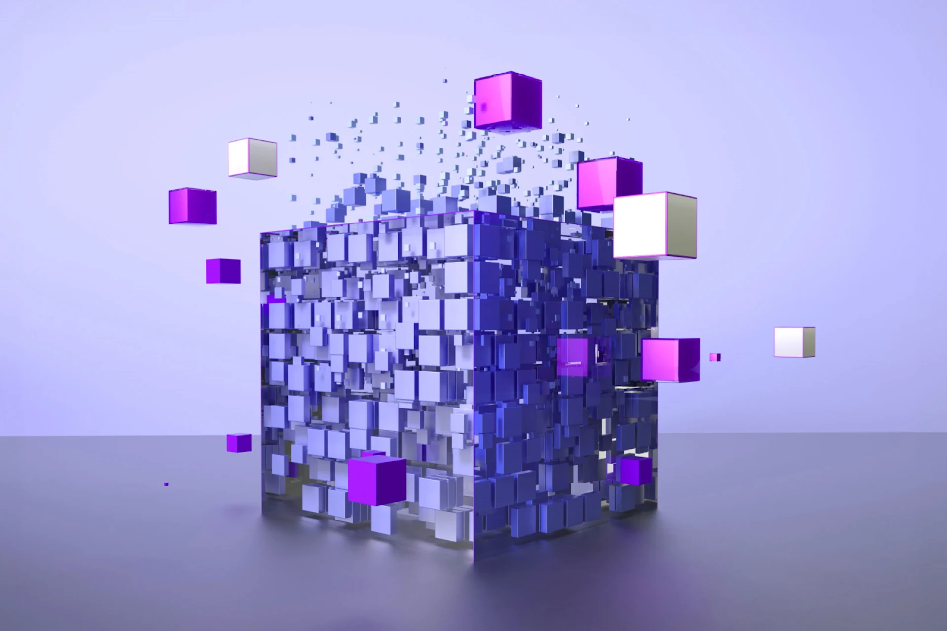 3D abstract representation of digital identity using floating cubes.