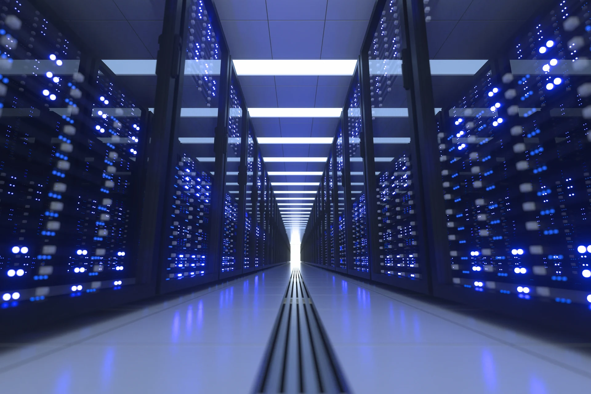 Data center corridor showcasing rows of servers for cloud computing