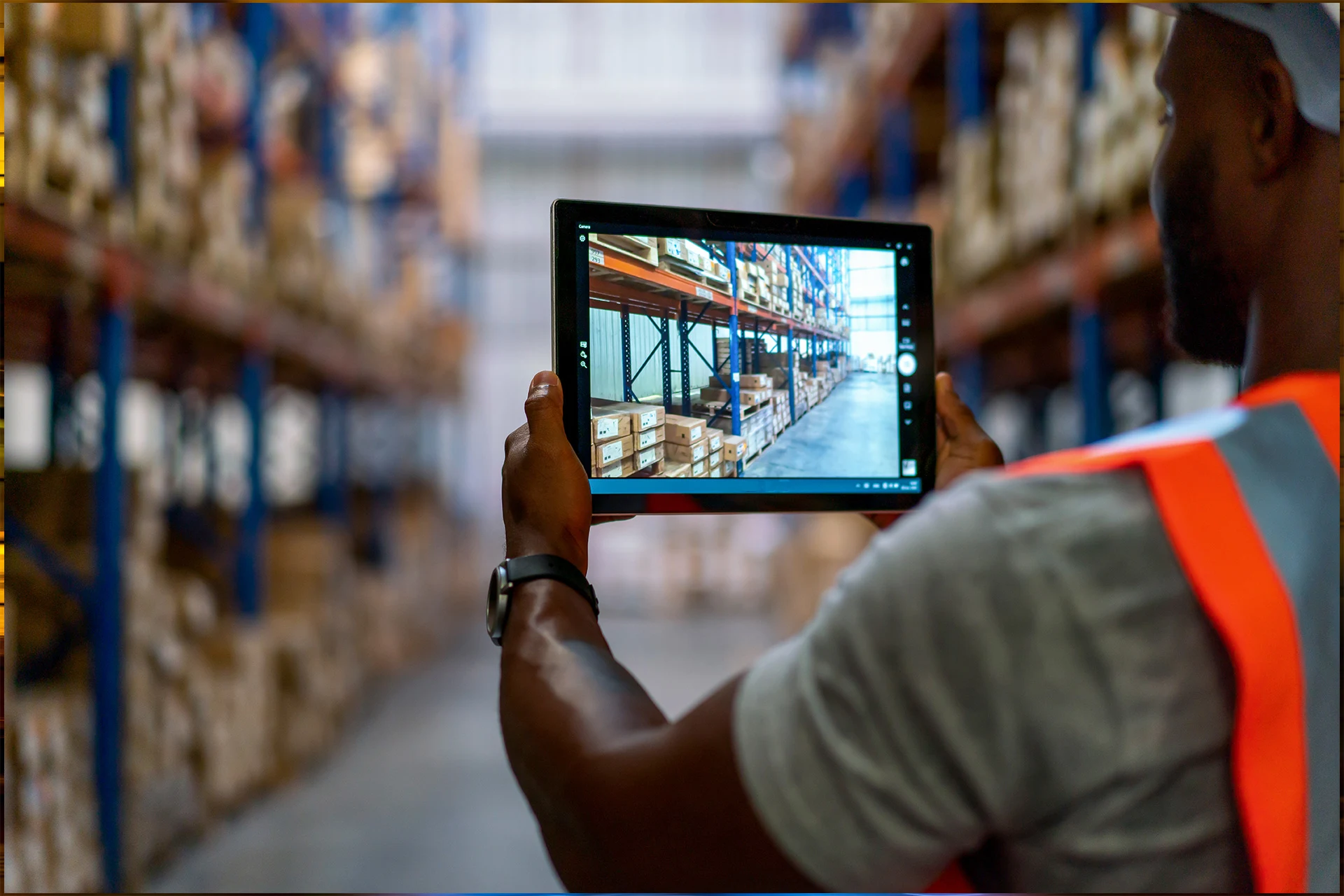 Warehouse employee using a tablet to manage inventory in a storage area.