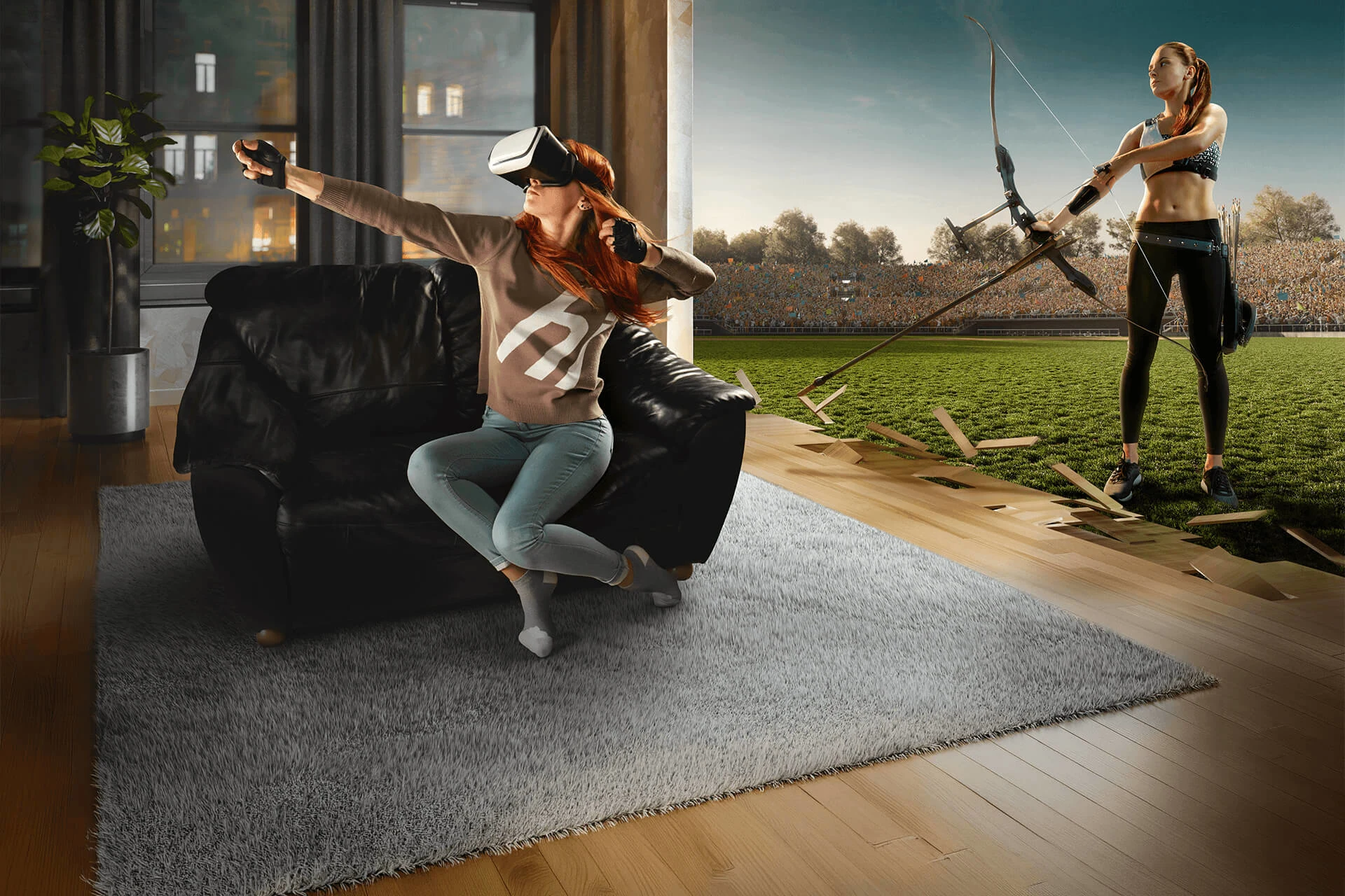 Person using a VR headset while interacting with an archery game setting
