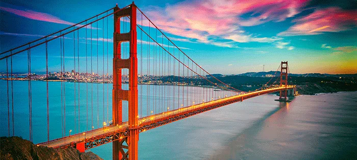 Golden Gate Bridge sunset sky for cruise to cloud Oracle OpenWorld 2018