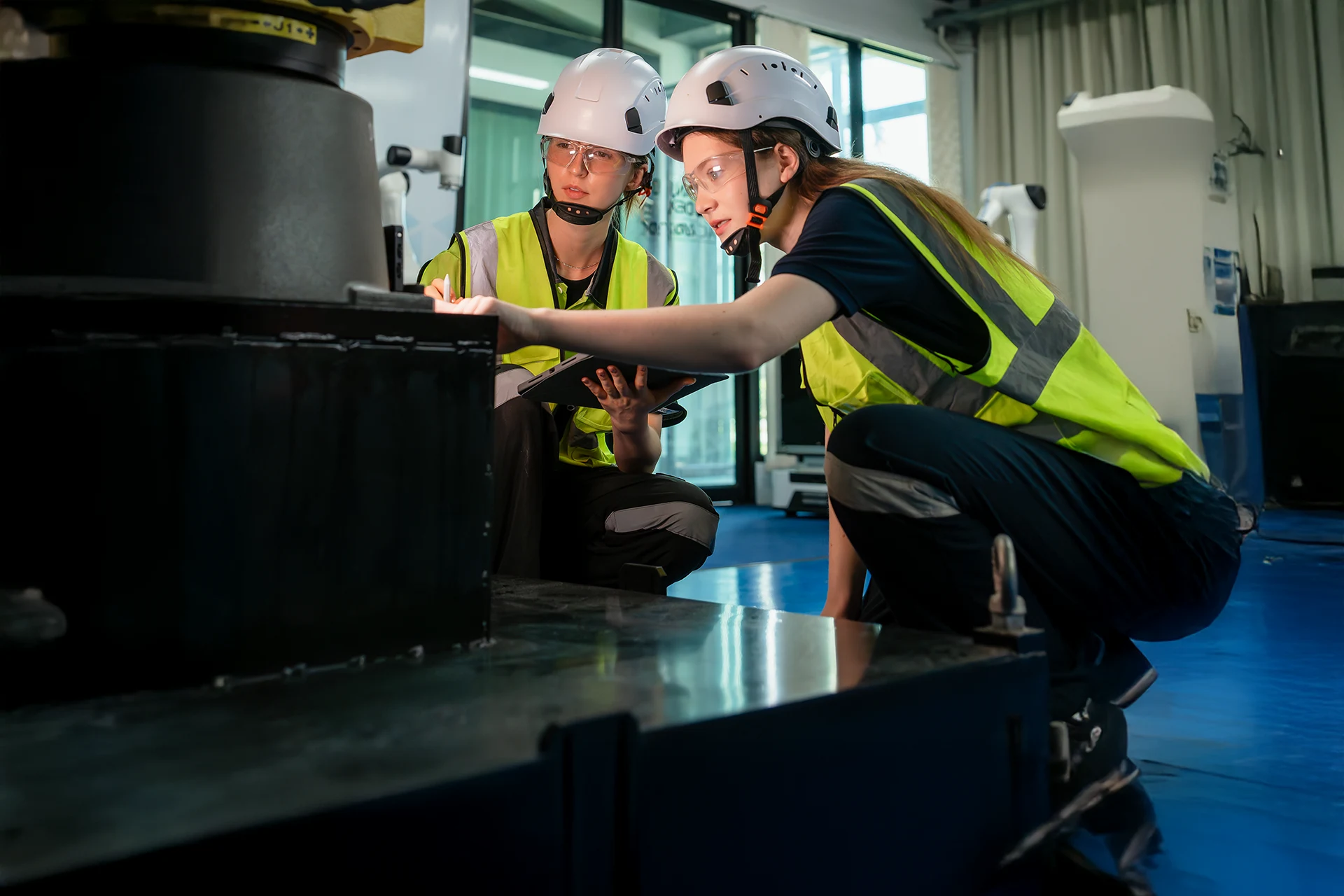 Two technicians reviewing machinery in a manufacturing facility