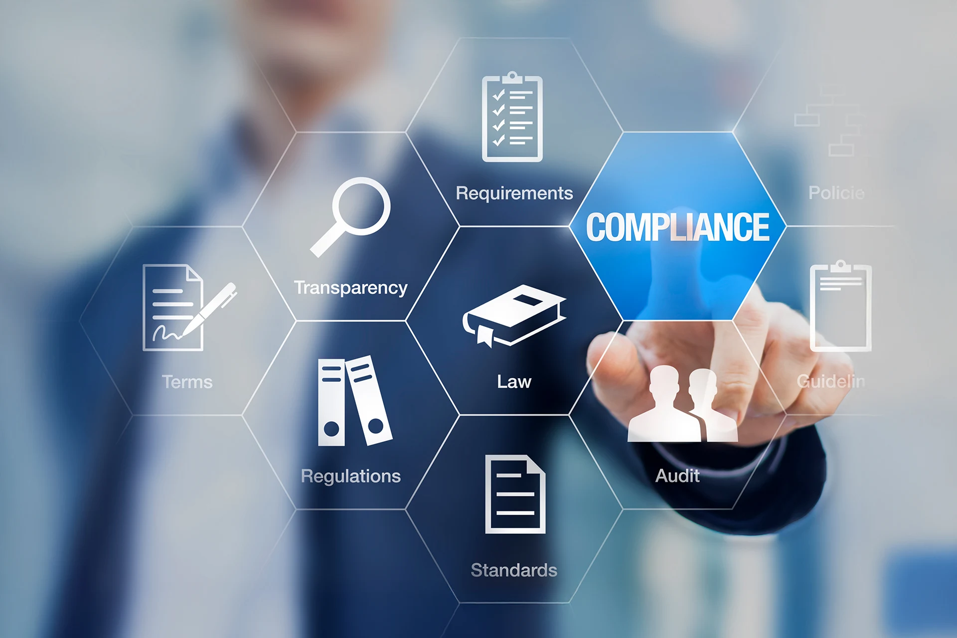 Hexagonal graphic illustrating compliance elements in healthcare regulation