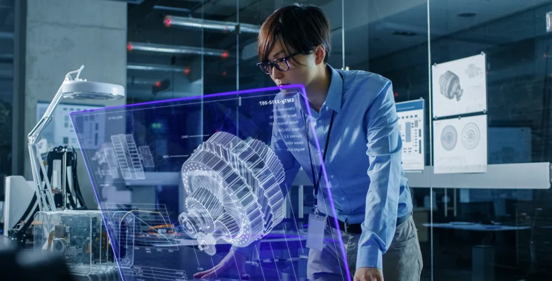 Professional analyzing 3D holographic digital model in high tech workspace