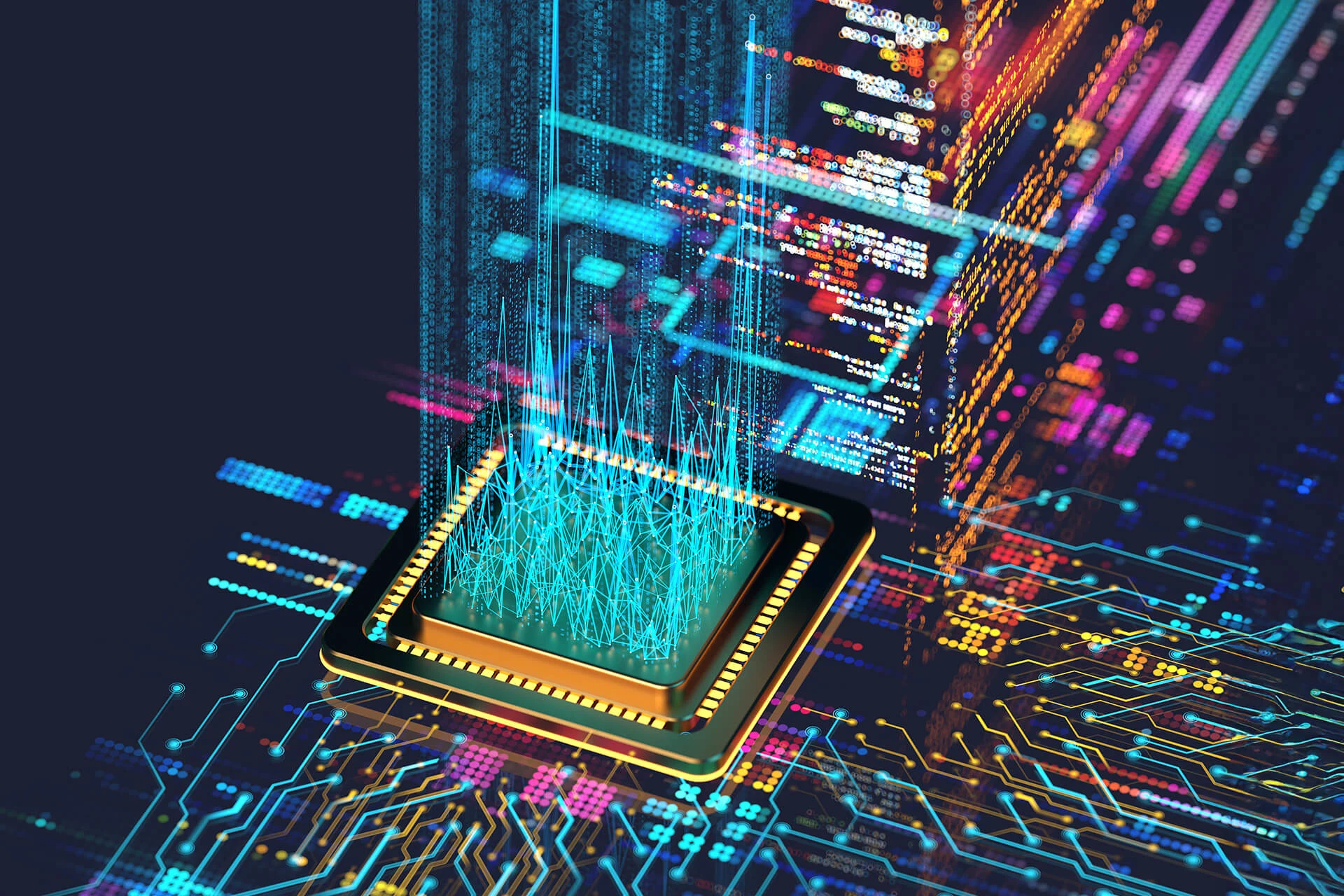 Digital representation of a processor with data streams and circuit patterns
