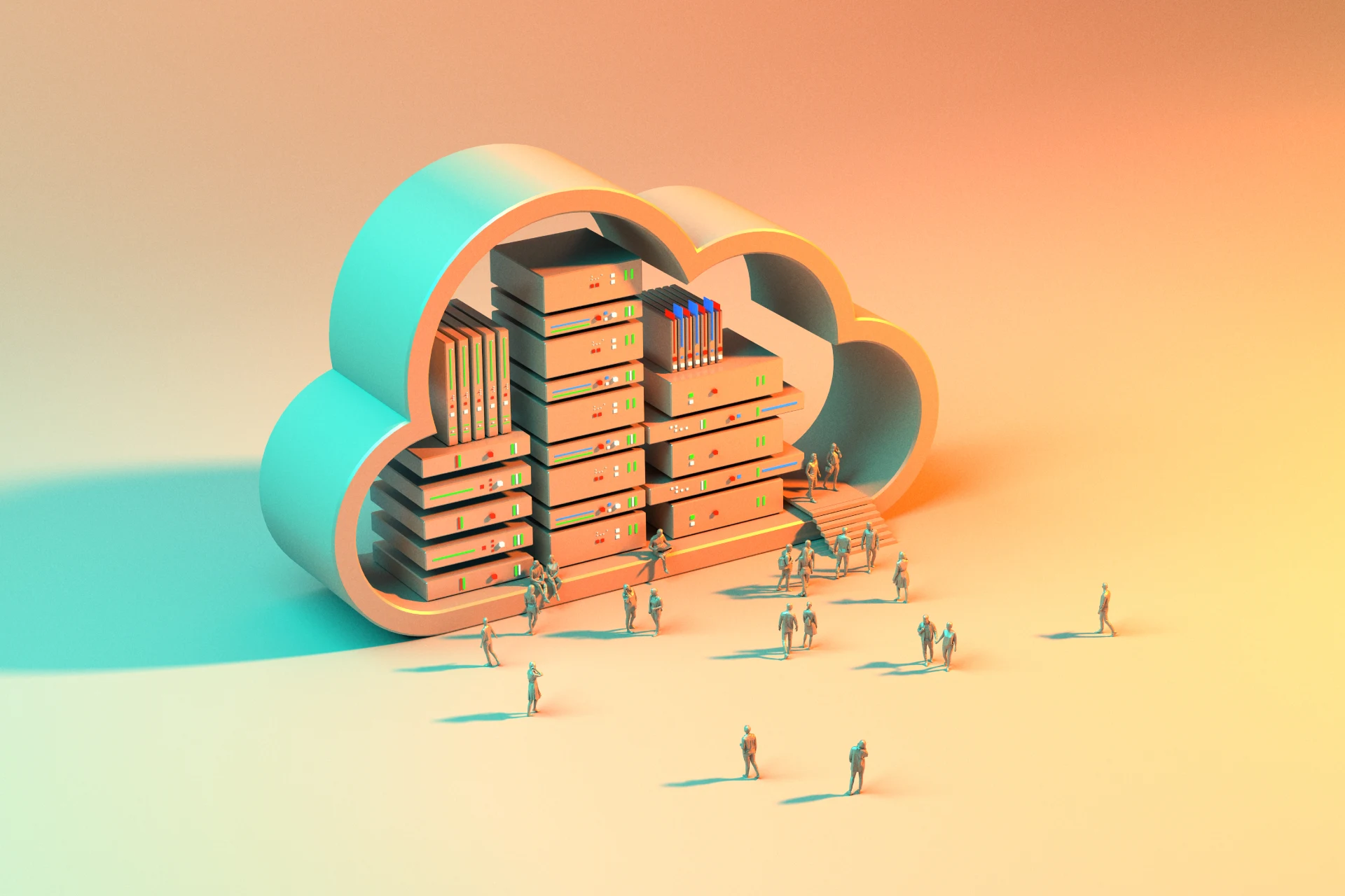 Cloud infrastructure with miniatures representing cost optimization concept
