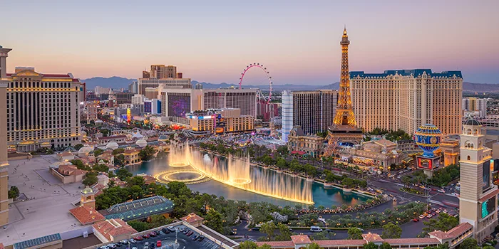 Panoramic view of Las Vegas strip hotels and Bellagio fountains landscape