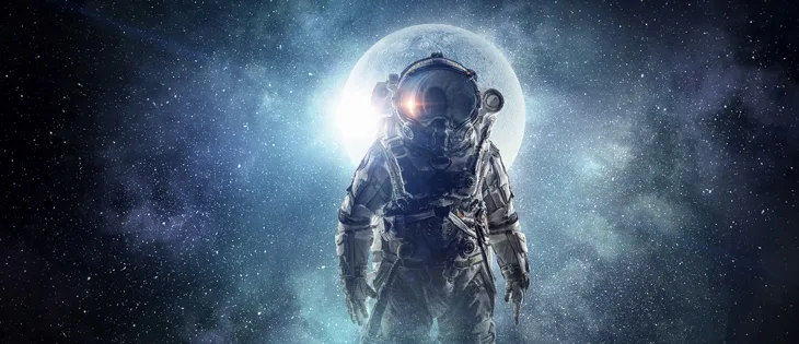 Astronaut standing in space with large moon backdrop for ISG workplace summit
