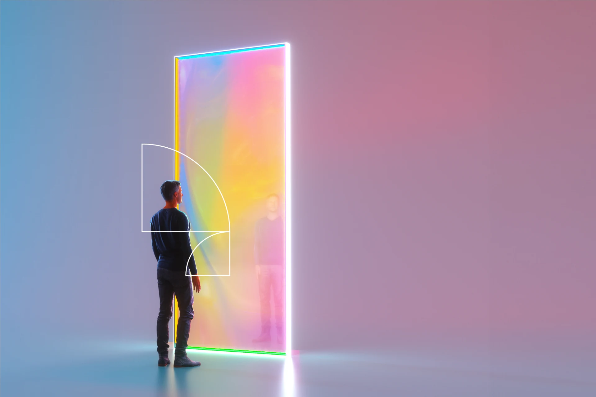 Person standing in front of a colorful, illuminated archway representing