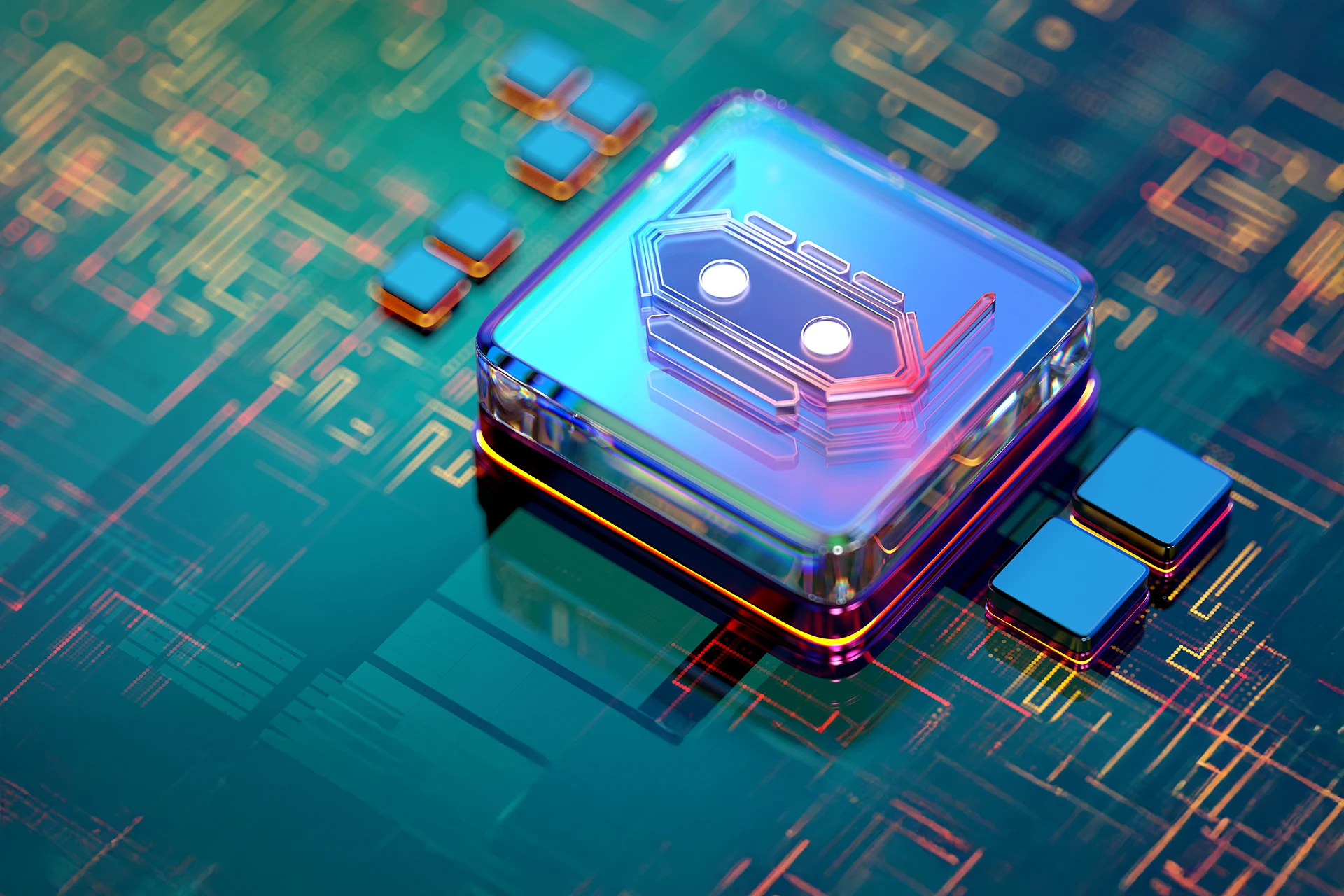 Robot-face icon on a microchip representing agentic AI in enterprise.