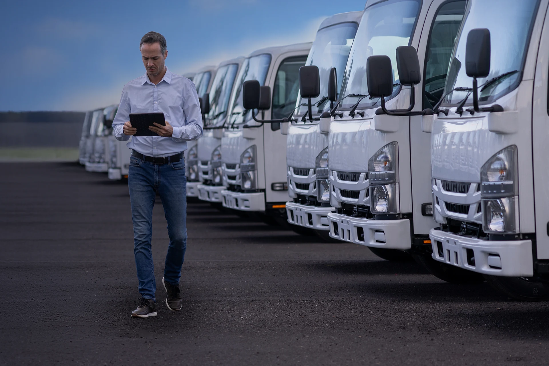 Professional using a tablet in a logistics and transportation environment