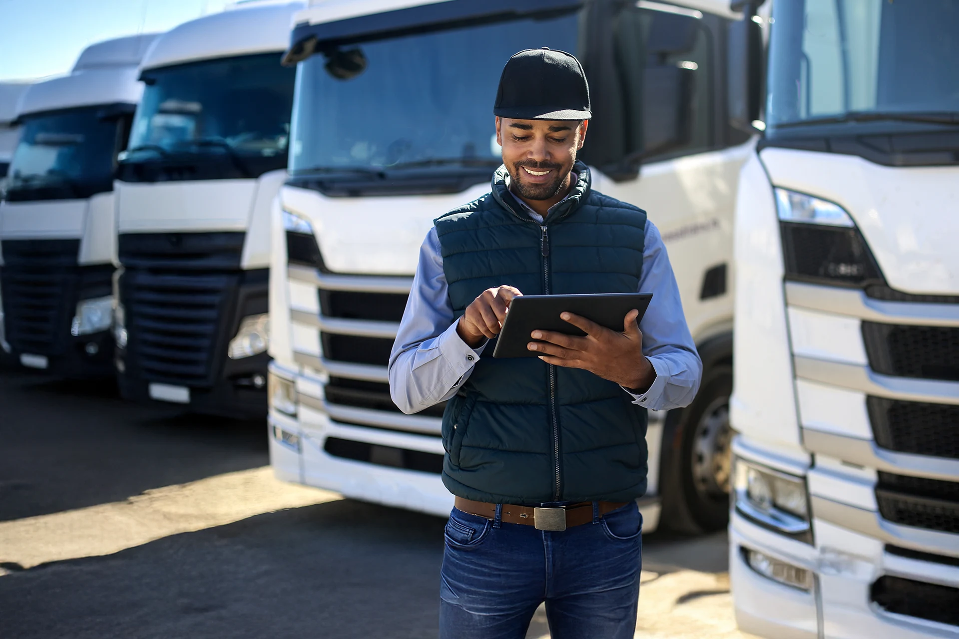 Person using a tablet in front of a fleet of trucks in a logistics setting.