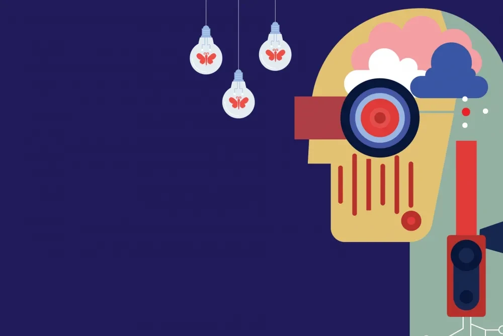 Illustration of a robotic head with lightbulbs, symbolizing AI in justice
