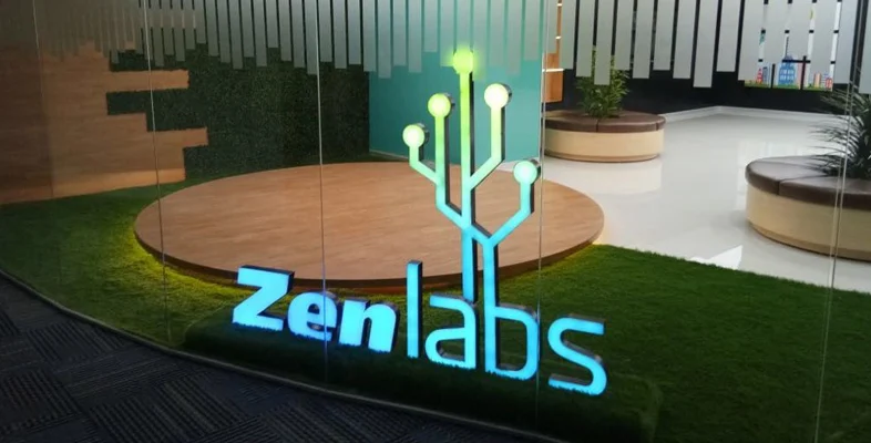 Zenlabs innovation hub logo inside modern Zensar workspace in Pune India