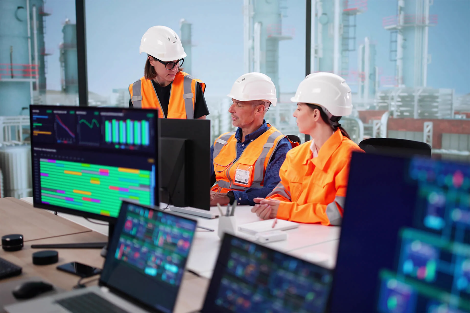 Three professionals collaborating in an oil and gas control room setting