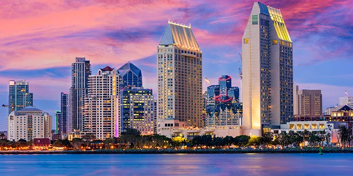 Skyline waterfront panorama of downtown San Diego California at sunset