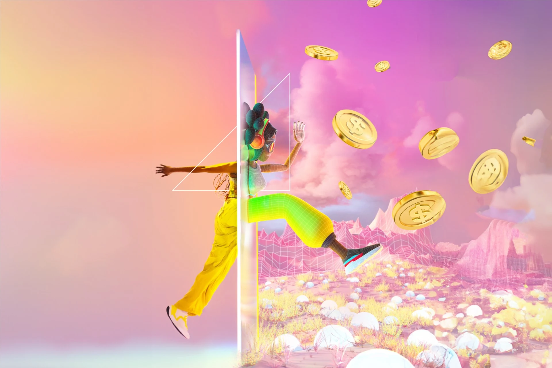 A person stepping through a portal in a colorful, digital landscape.