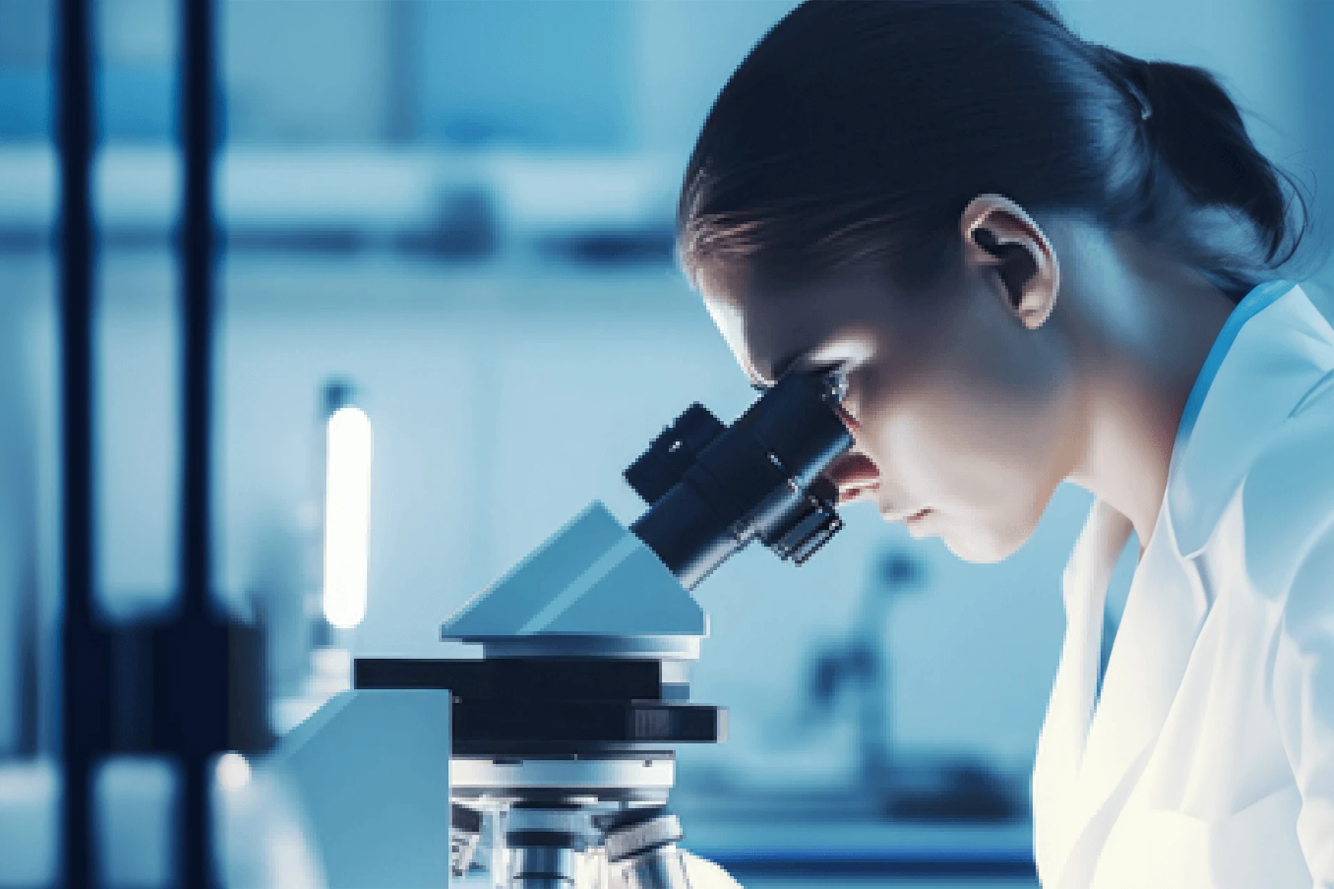 Female scientist observing samples through a microscope in a lab