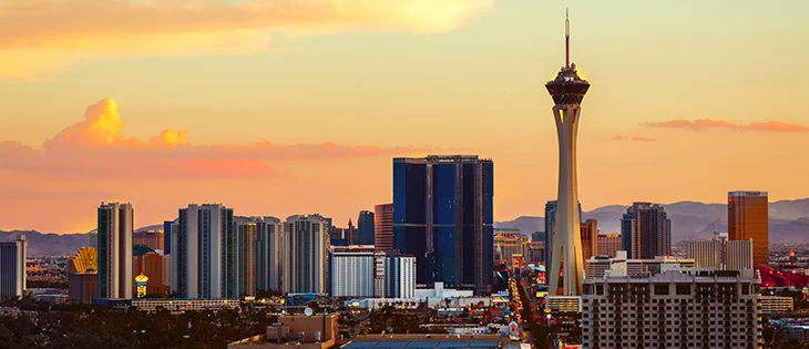Las Vegas skyline and Stratosphere Tower at sunset for Adobe Summit 2019