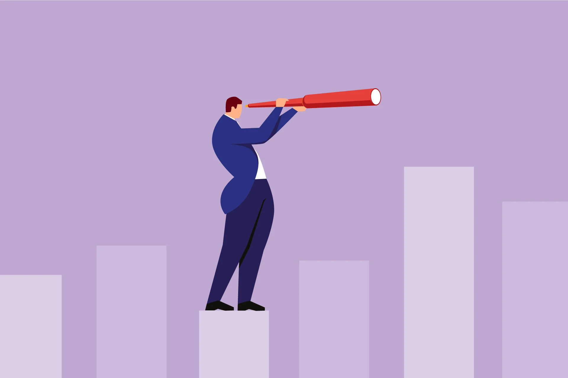 Business leader on a bar chart looking through a telescope, symbolizing enterprise predictions.