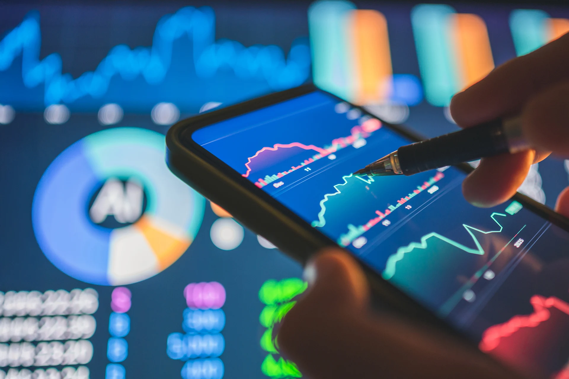 Smartphone displaying financial and AI analytics