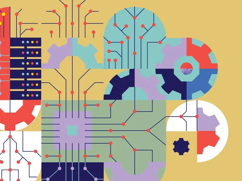 Abstract circuit and gear design representing advanced artificial intelligence solutions