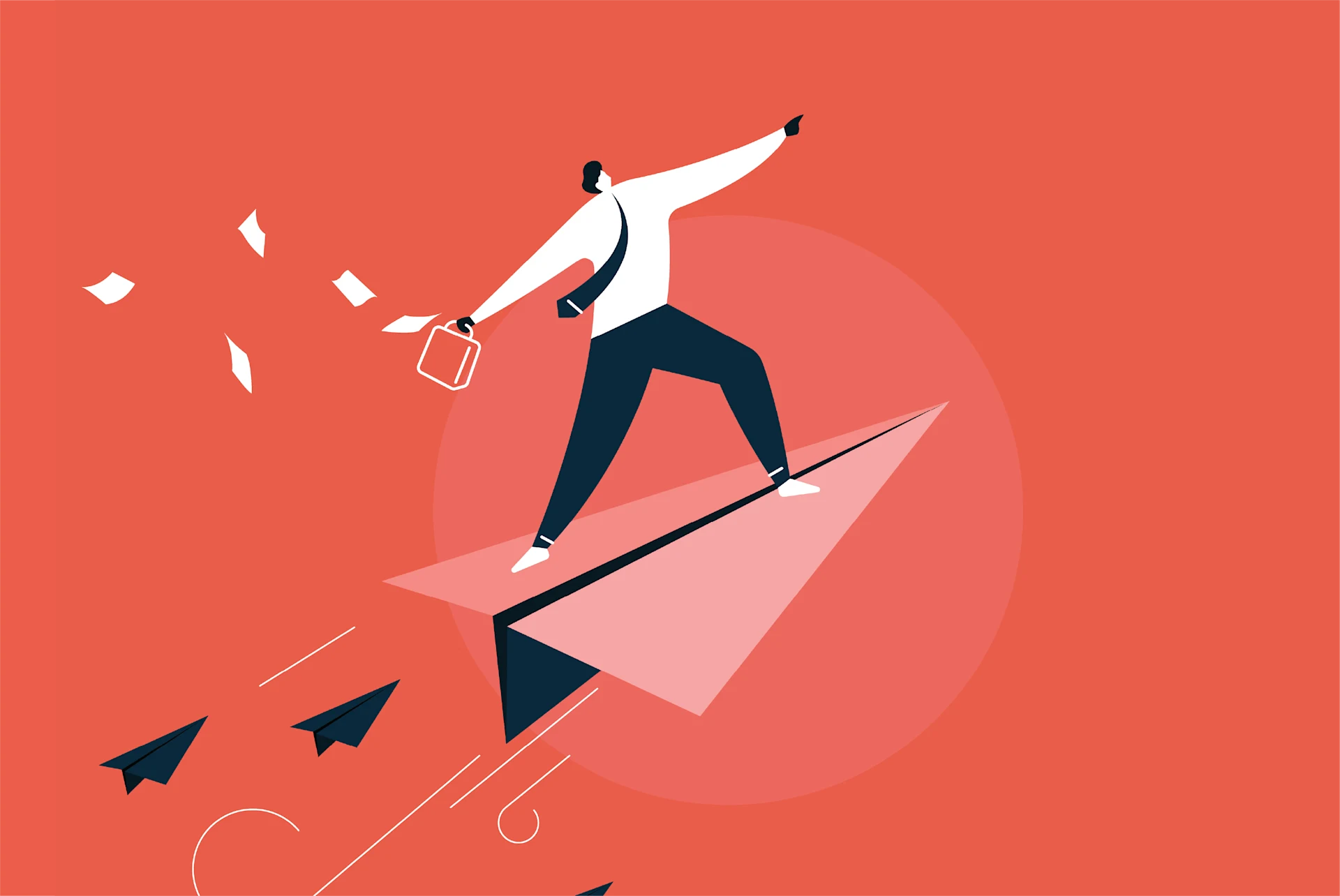 Businessperson standing on a paper airplane pointing forward, symbolizing IT industry growth.