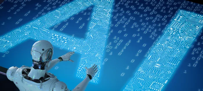 AI innovation with humanoid robot and digital circuitry