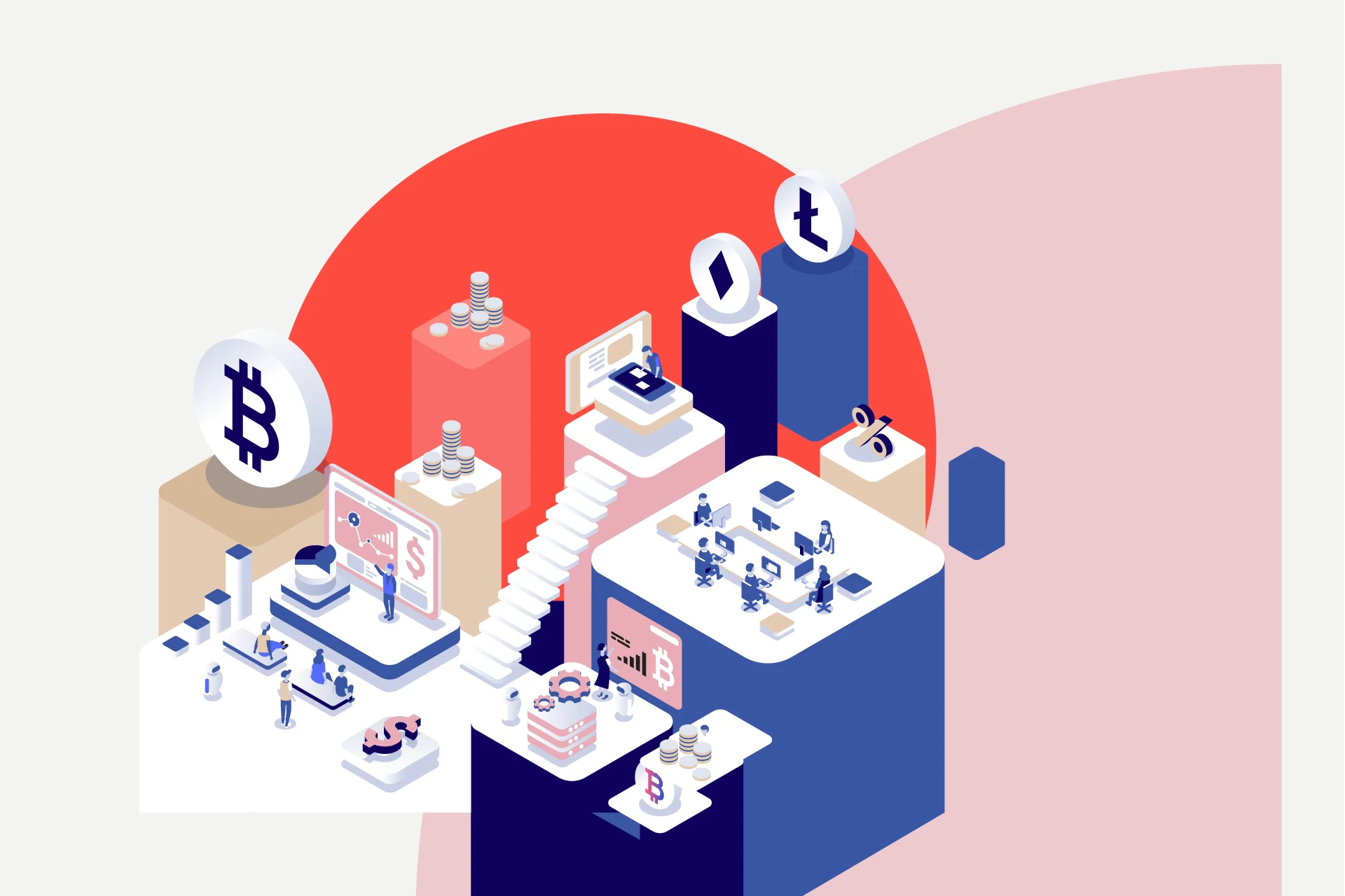 Illustration depicting cryptocurrency and banking services concepts