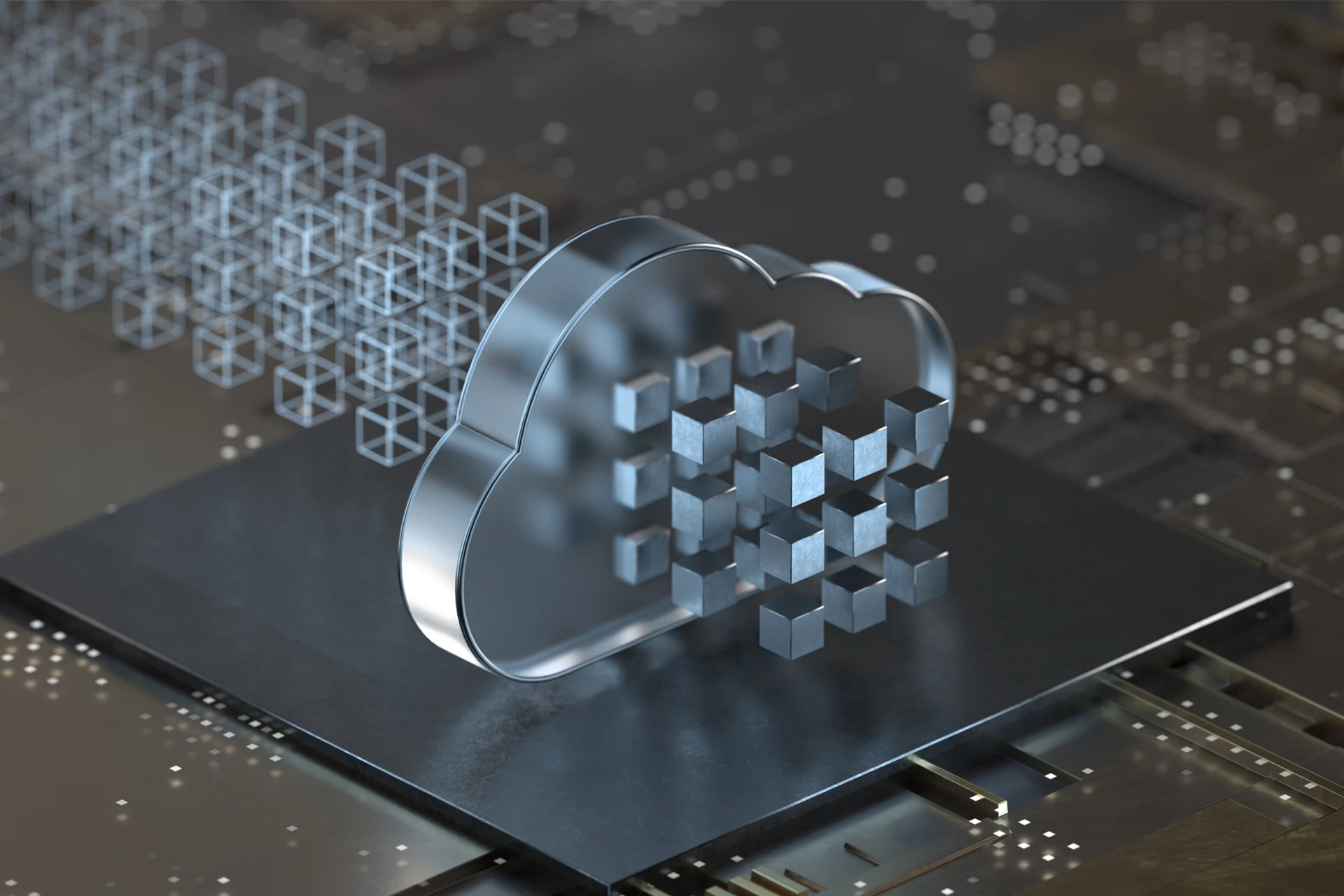 3D cloud symbol with data cubes representing digital transformation in