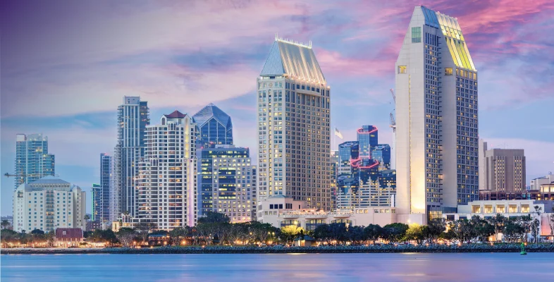 Skyline view of San Diego California waterfront harbor for Cisco Live 2019