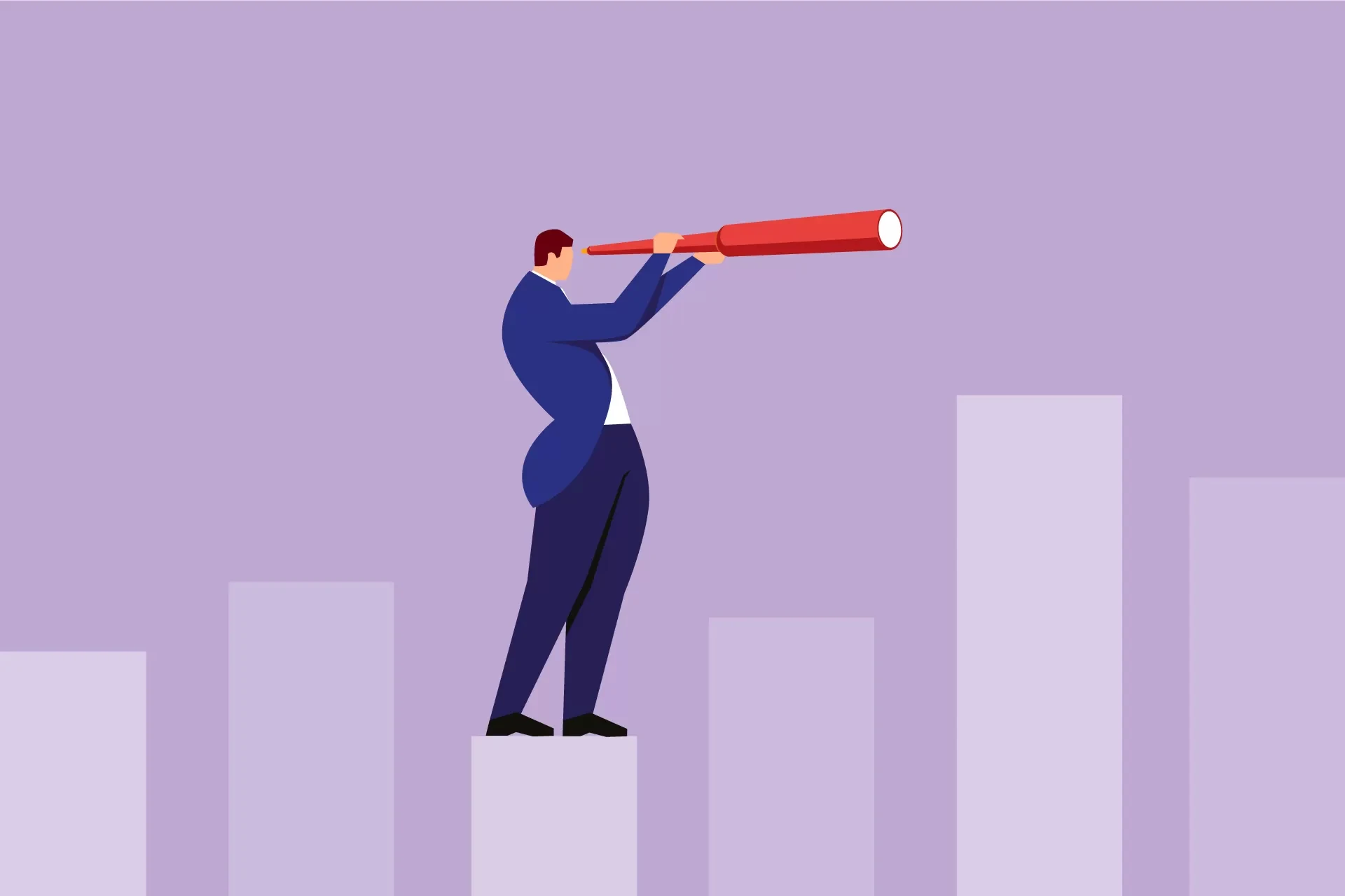 Person with telescope on a bar chart representing strategy